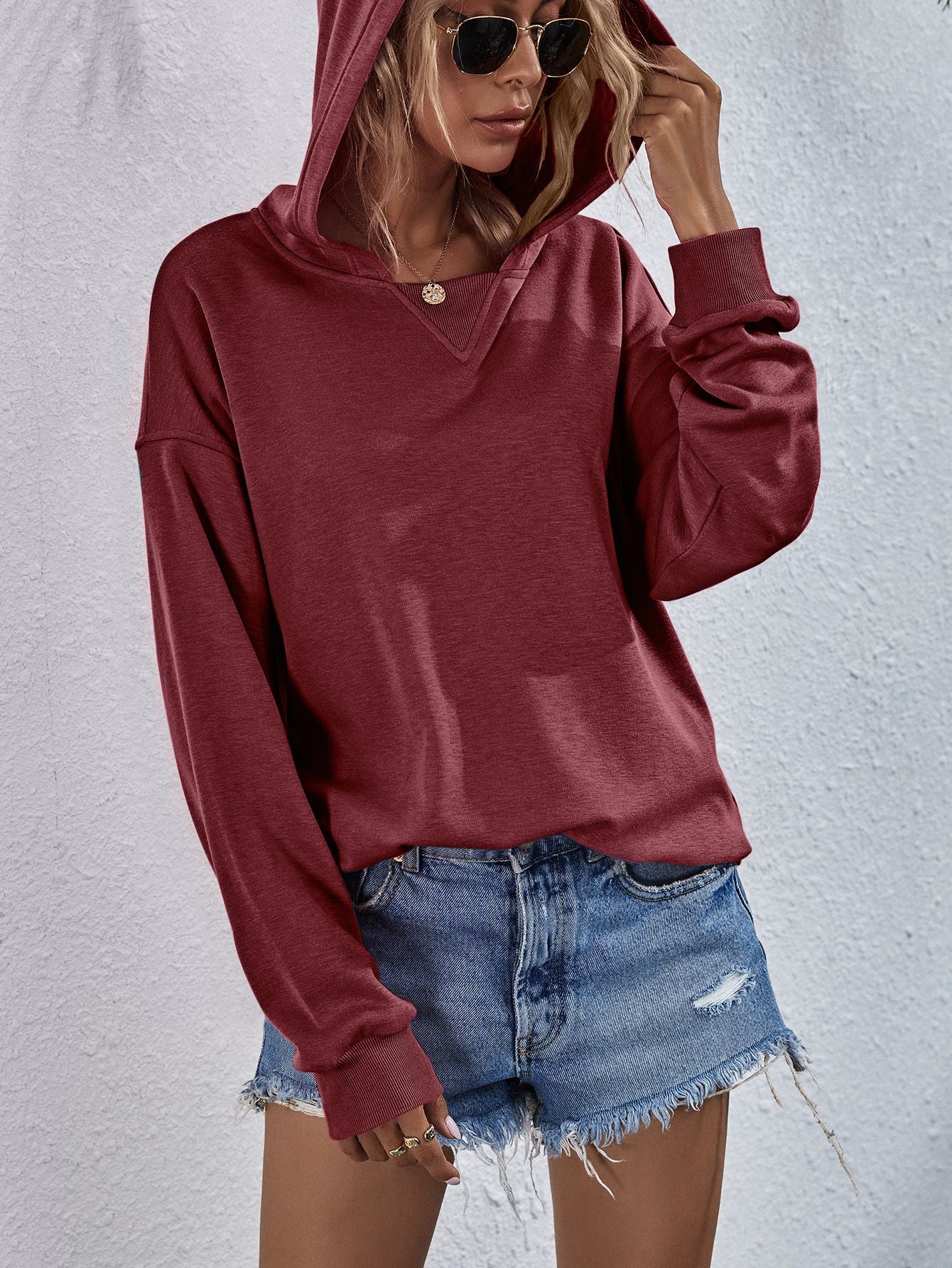 Dropped Shoulder Slit Hoodie Pink ShopOnlyDeal