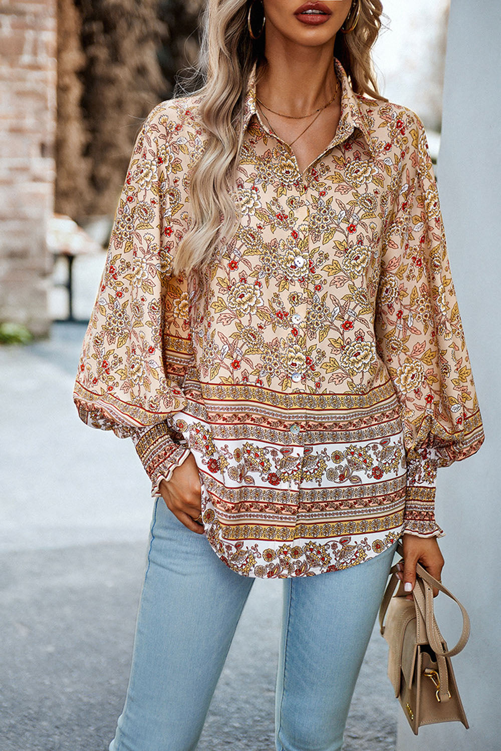 Printed Collared Neck Smocked Lantern Sleeve Shirt Trendsi