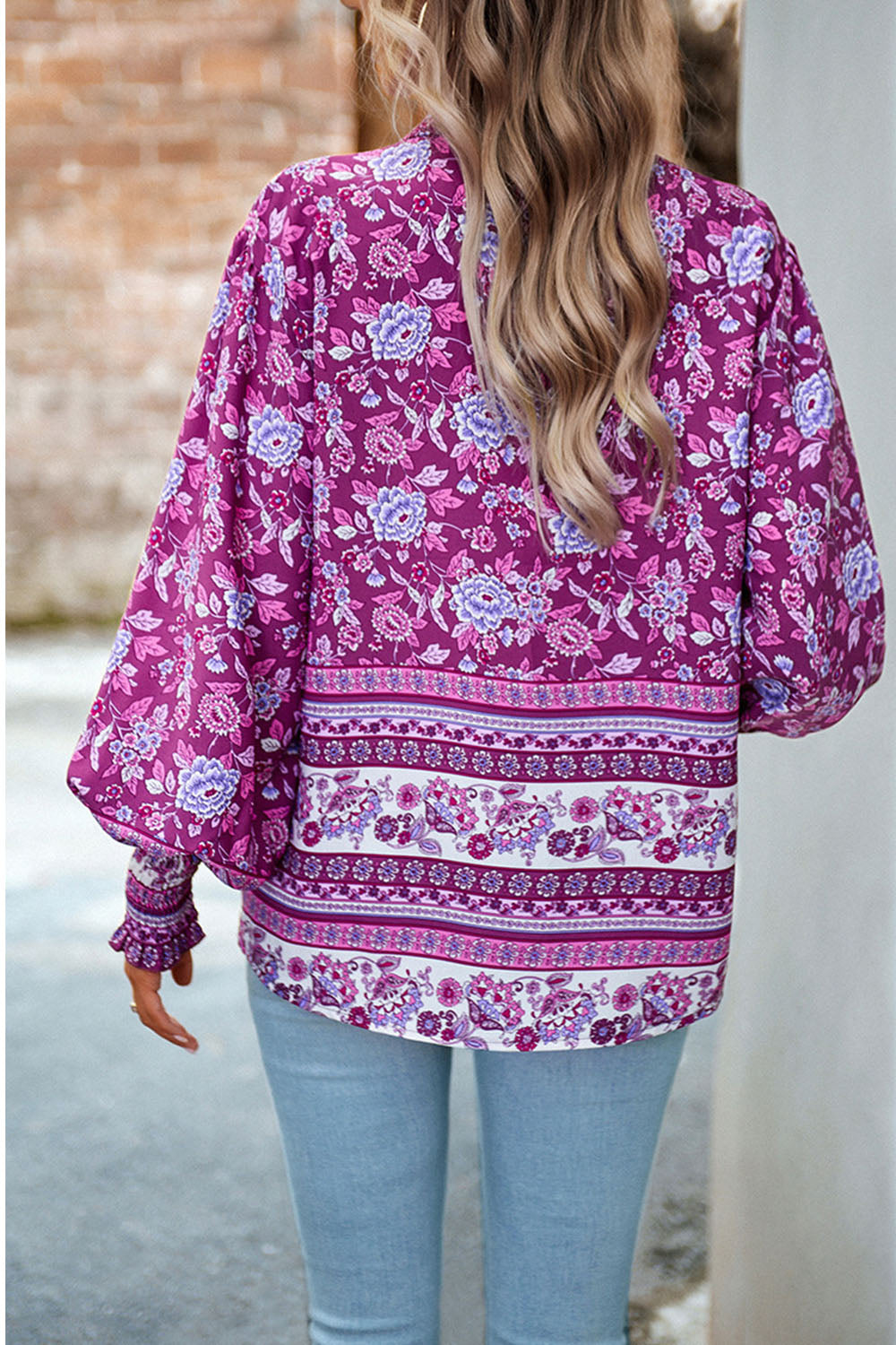 Printed Collared Neck Smocked Lantern Sleeve Shirt Trendsi