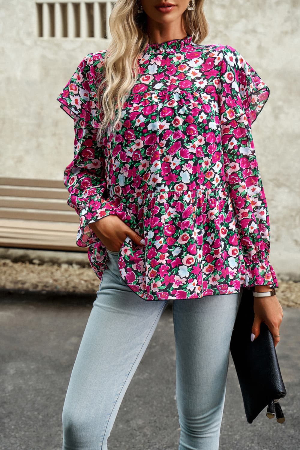 Printed Round Neck Flounce Sleeve Blouse Trendsi