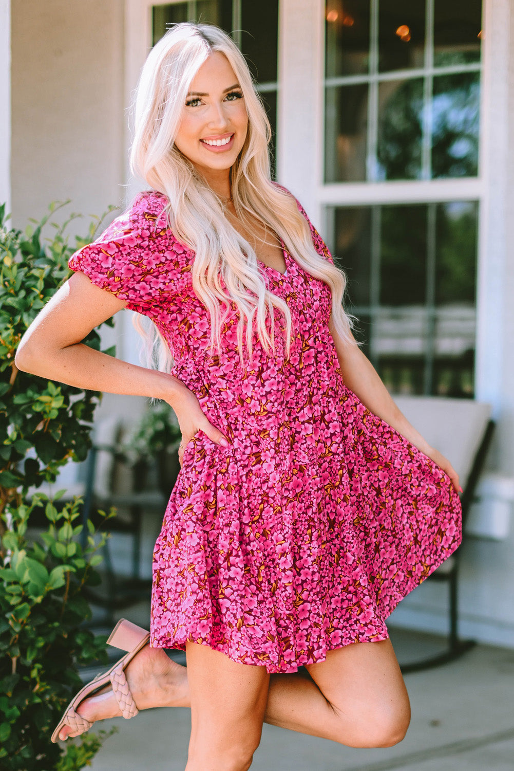 Floral V-Neck Short Sleeve Mini Dress Trendsi