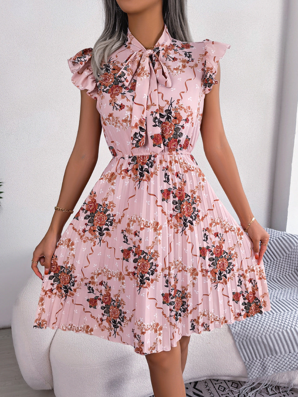 Pleated Floral Printed Tie Neck Knee Length Dress Trendsi