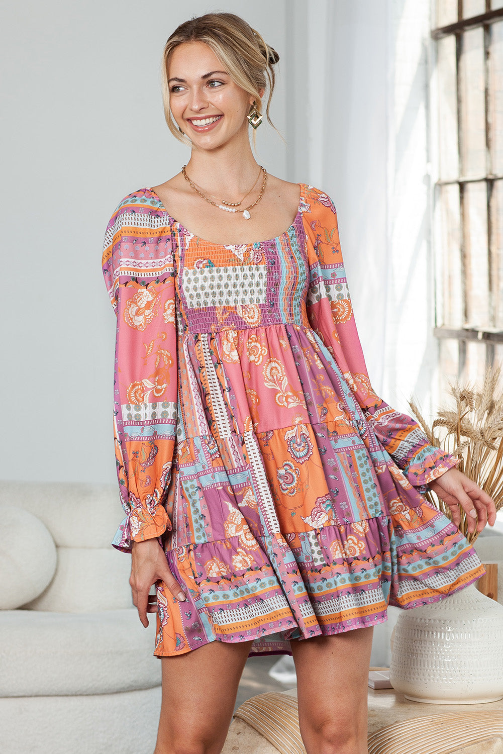 Printed Scoop Neck Flounce Sleeve Dress Trendsi