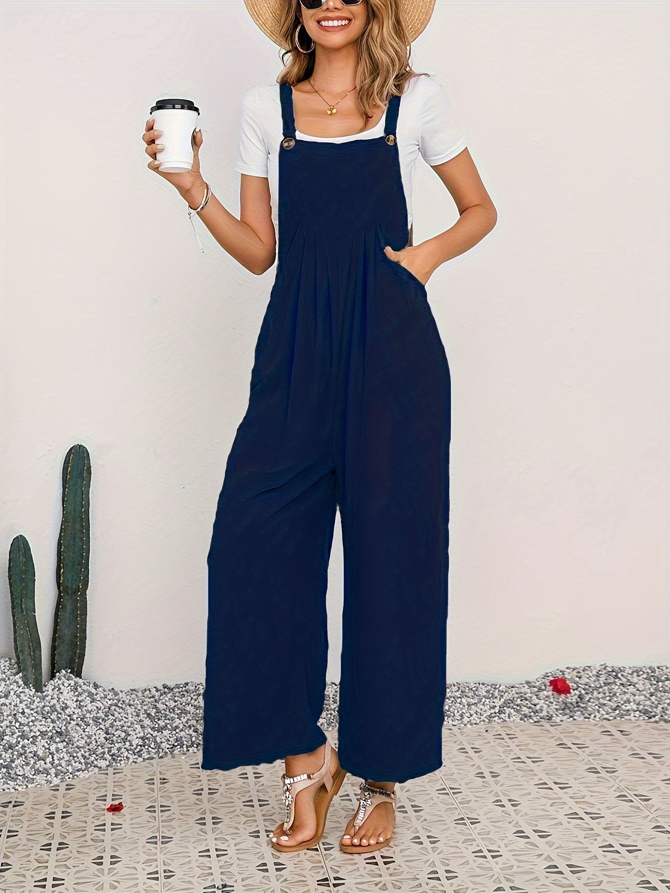 Boho Solid Sleeveless Long Length Jumpsuit, Casual Baggy Jumpsuit With Pockets, Women's Clothing - Temu ShopOnlyDeal