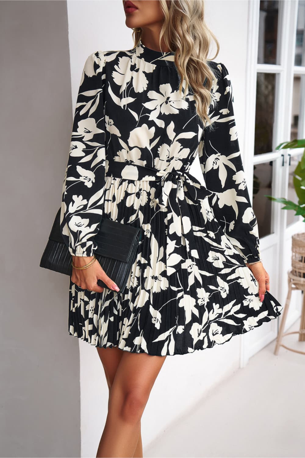 Floral Mock Neck Tie Waist Pleated Dress Trendsi