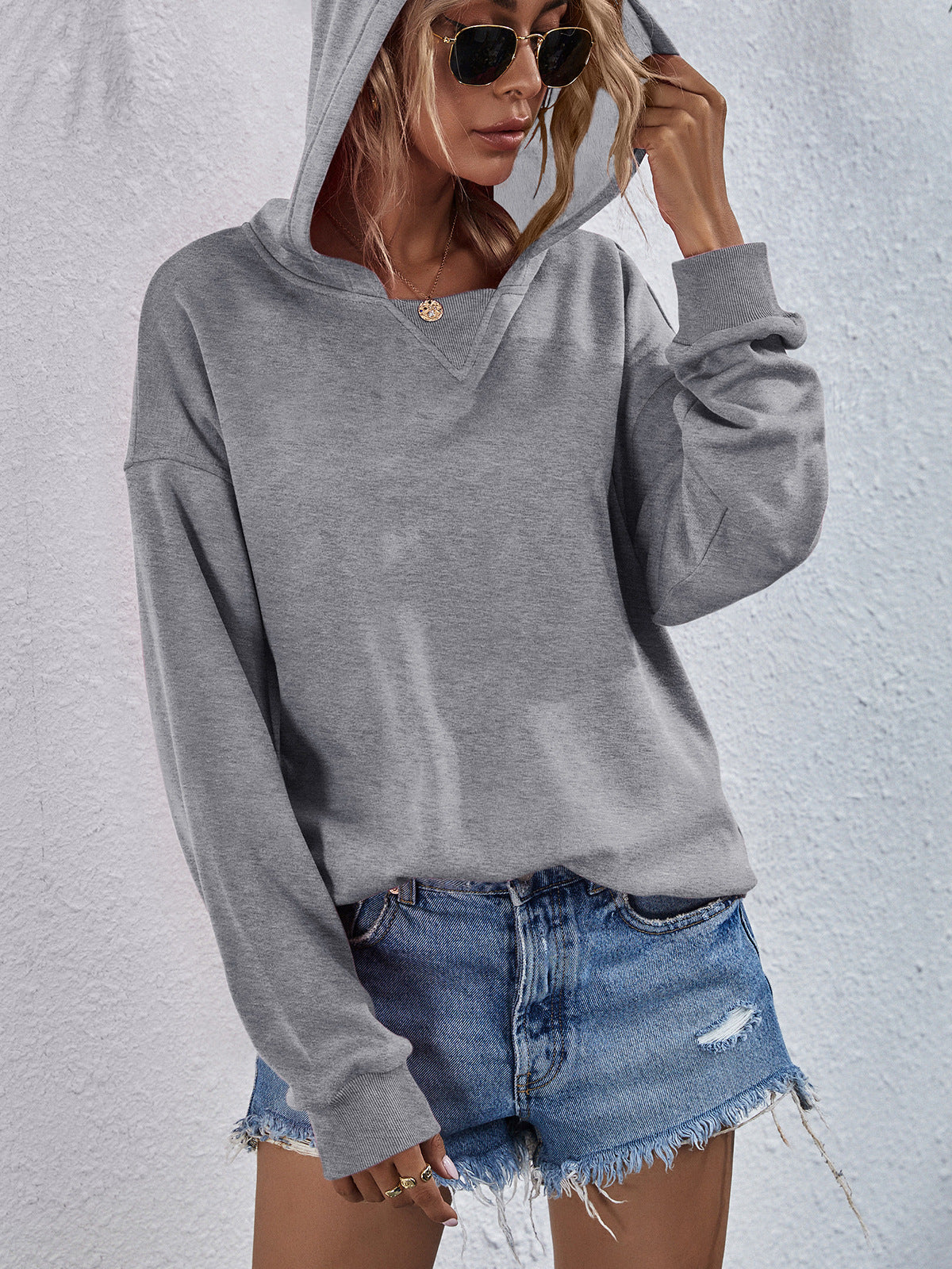 Dropped Shoulder Slit Hoodie Pink ShopOnlyDeal