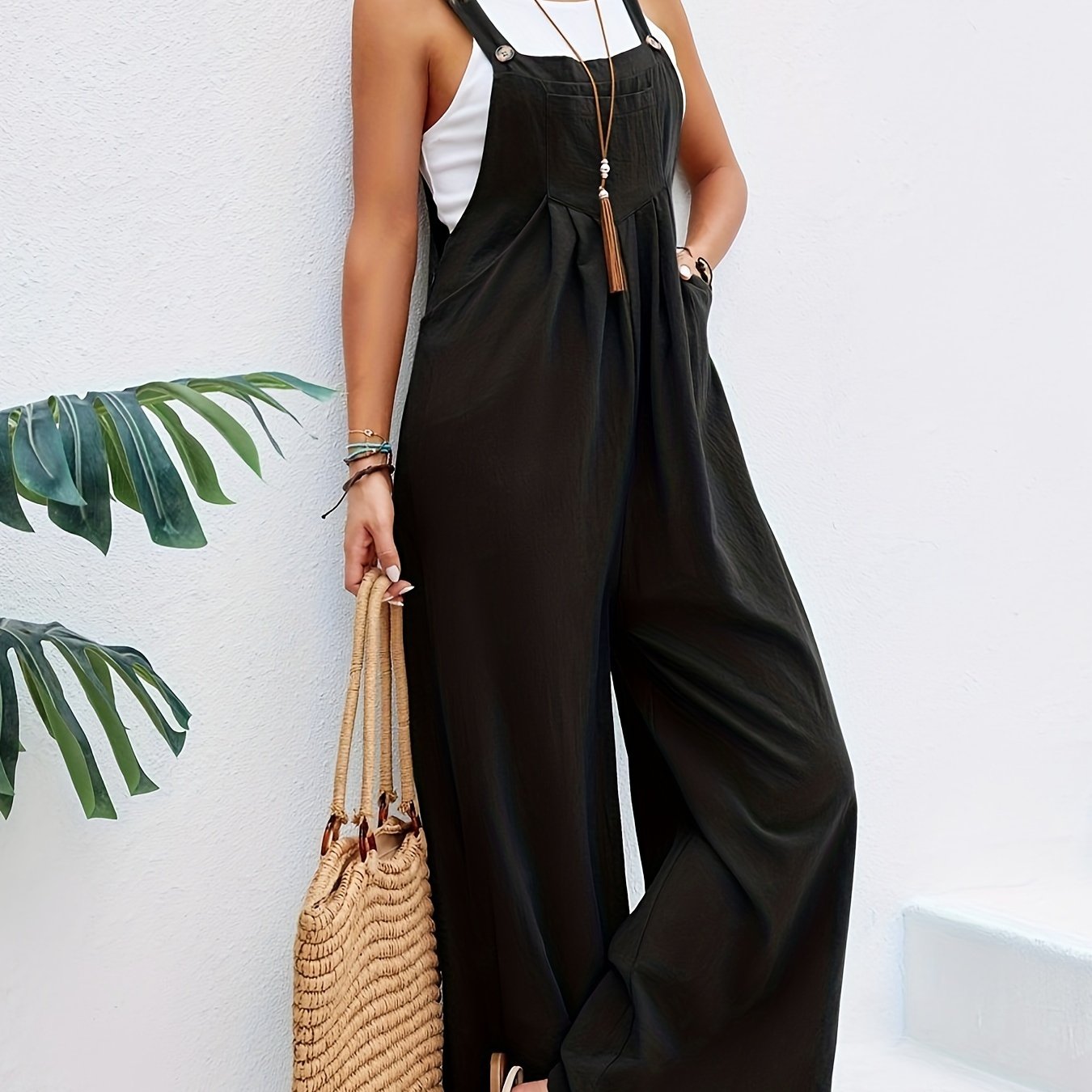 Boho Solid Sleeveless Long Length Jumpsuit, Casual Baggy Jumpsuit With Pockets, Women's Clothing - Temu ShopOnlyDeal