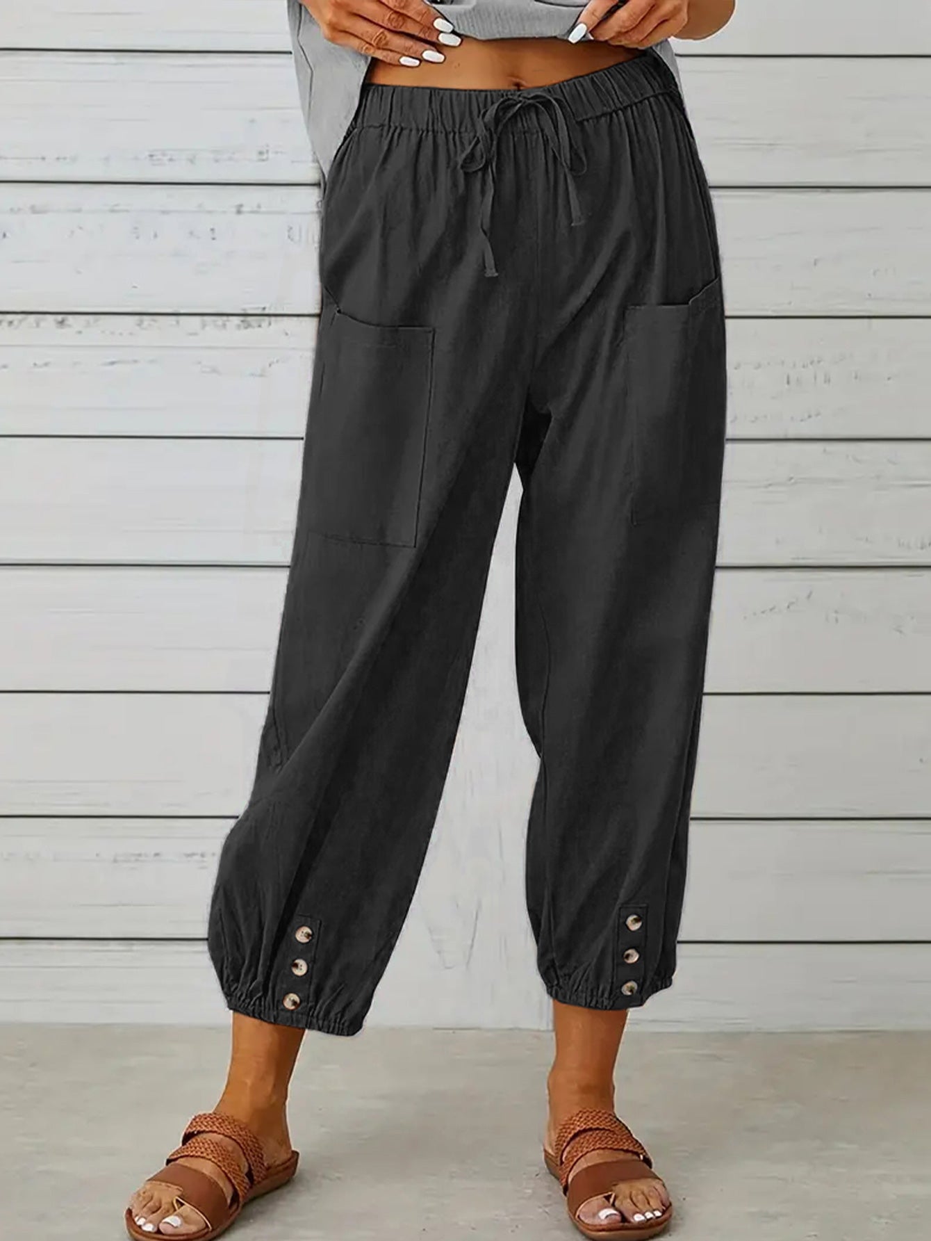 Buttoned Beauty: Stylish Decorative Cropped Pants for a Chic Look ShopOnlyDeal