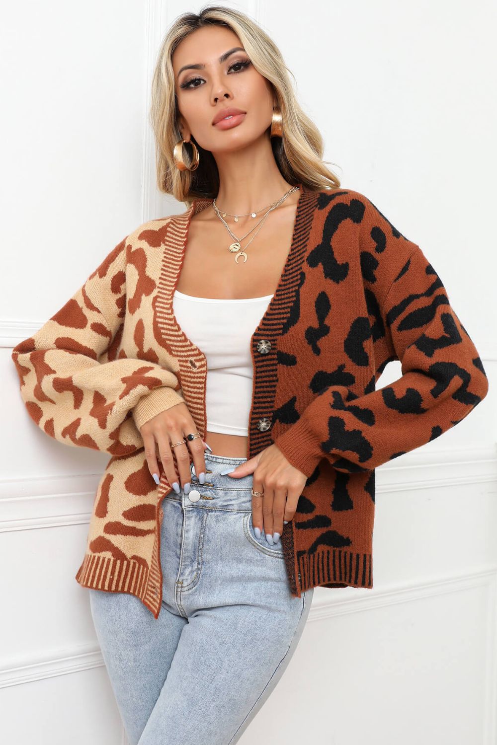 Leopard Button Front Ribbed Trim Cardigan Trendsi