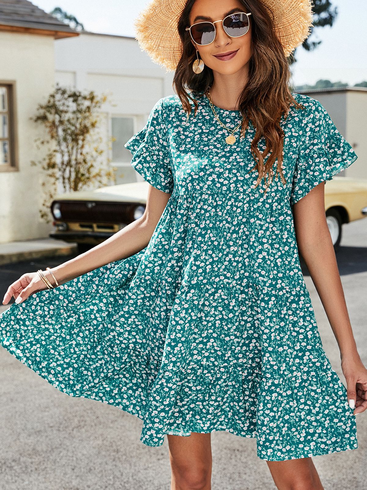 Short Flounce Sleeve Tiered Dress Trendsi