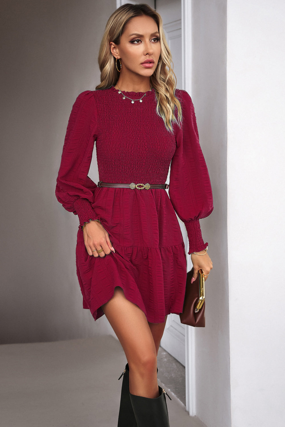 Smocked Lantern Sleeve Mini Dress Trendsi