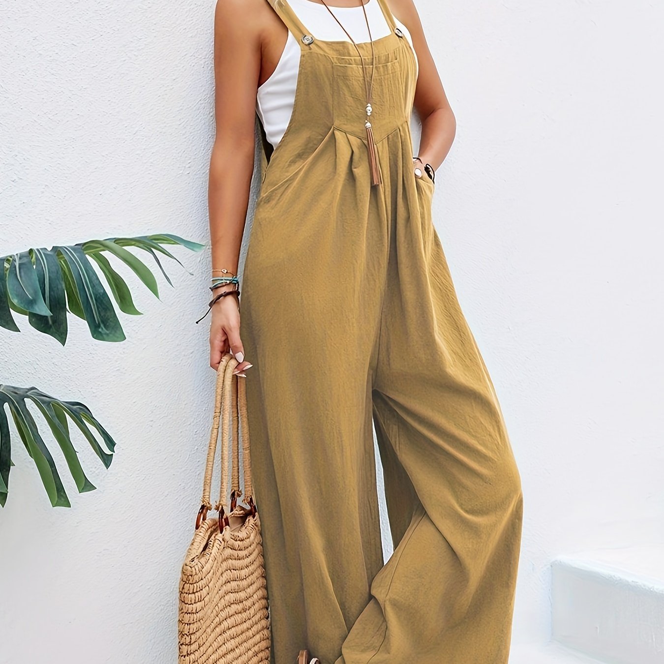 Boho Solid Sleeveless Long Length Jumpsuit, Casual Baggy Jumpsuit With Pockets, Women's Clothing - Temu ShopOnlyDeal