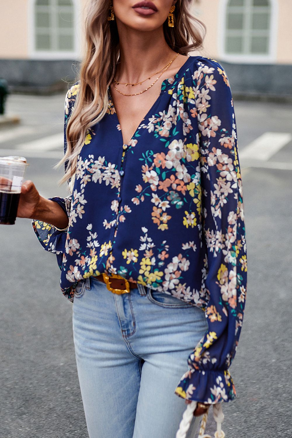 Floral Print Flounce Sleeve Blouse Trendsi