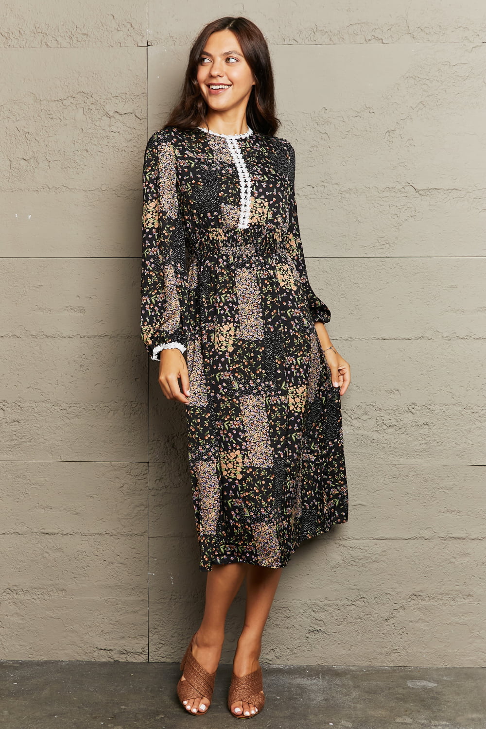 Printed Long Sleeve Round Neck Dress Trendsi