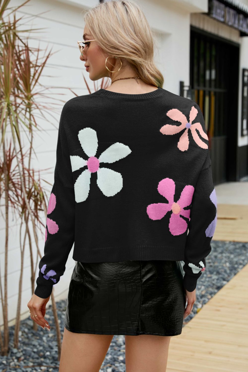 Floral Dropped Shoulder Ribbed Trim Sweater Trendsi