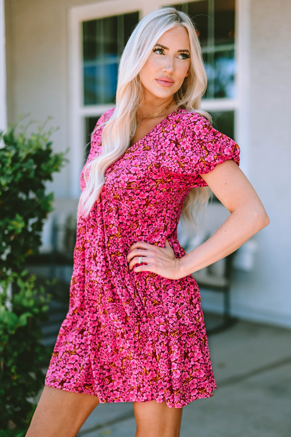 Floral V-Neck Short Sleeve Mini Dress Trendsi