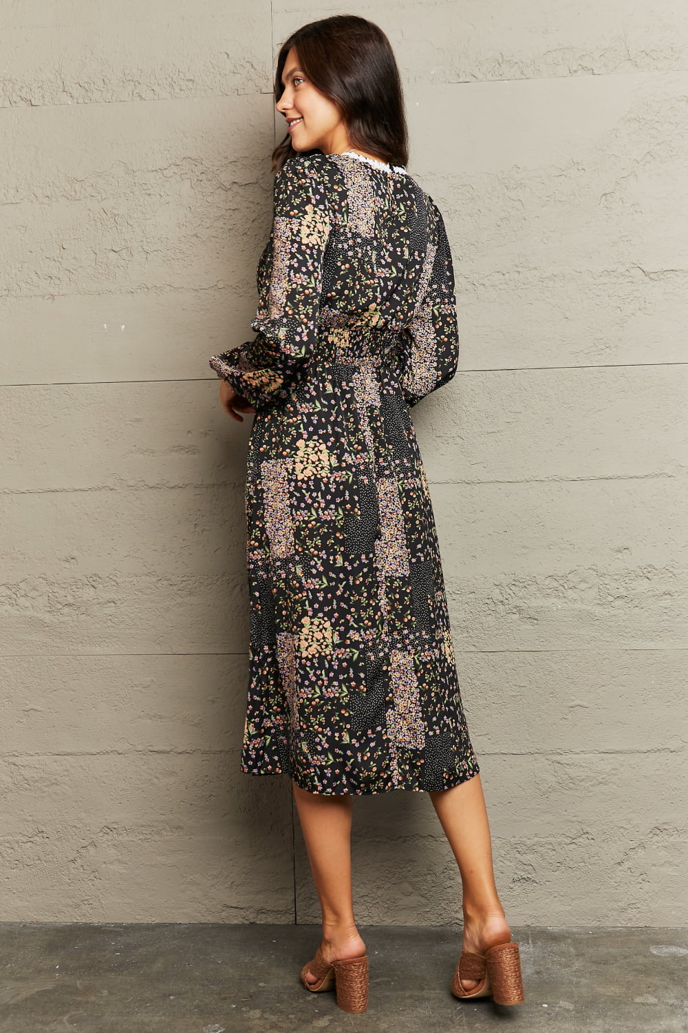 Printed Long Sleeve Round Neck Dress Trendsi