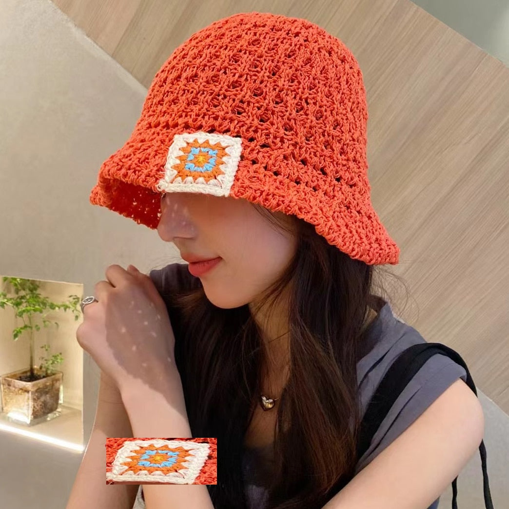 2023 Japanese Summer New Korea Flower Hollow Crochet Straw Sun Bucket Cap Straw Hat Gentle Fresh Knitted Straw Bucket Hat ShopOnlyDeal