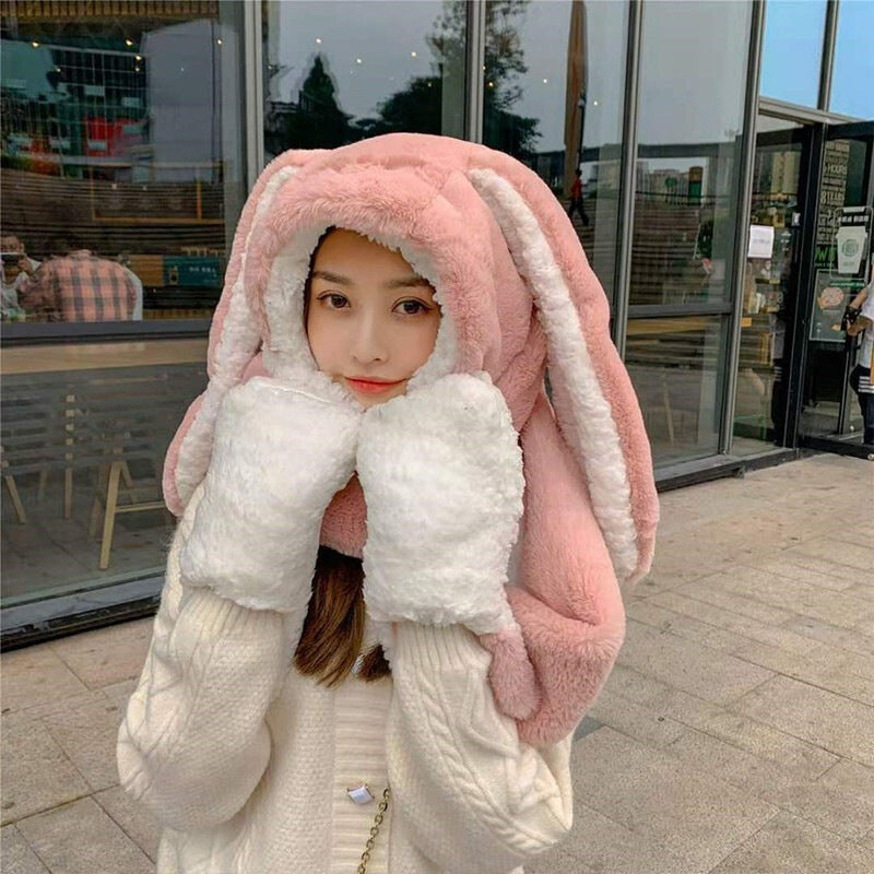 Scarf Hat Glove Women Cute Big Ear Bunny Beanie Winter Warm Soft New Fashion Thickening Pocket Warm Ear Hats Hooded Skullie ShopOnlyDeal