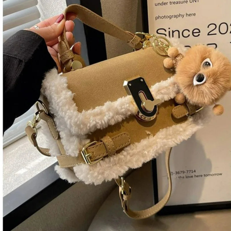 Fall Winter Bags 2023 New Lamb Wool Small Square Bag Versatile Commuting Plush Premium Carry Small Satchel ShopOnlyDeal