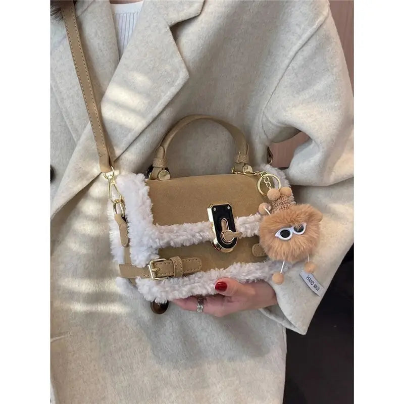 Fall Winter Bags 2023 New Lamb Wool Small Square Bag Versatile Commuting Plush Premium Carry Small Satchel ShopOnlyDeal